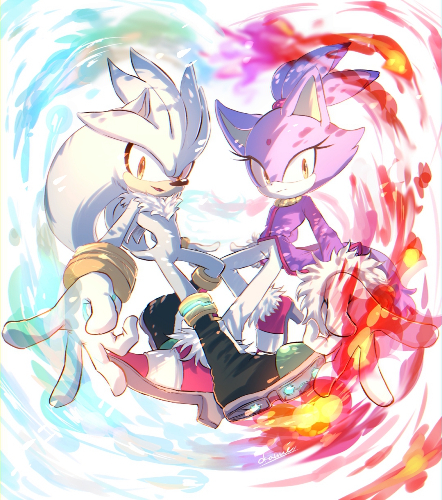 1boy 1girl blaze_the_cat boots closed_mouth dress fire furry furry_female furry_male gloves heart looking_at_viewer open_mouth orange_eyes purple_dress silver_the_hedgehog simple_background sonic_(series) tondamanuke white_fur white_gloves