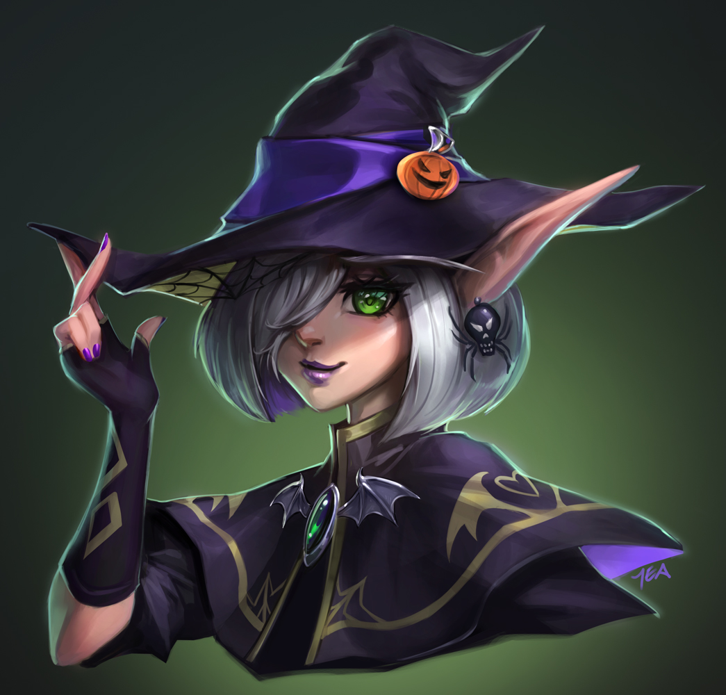 1girl bat_wings blood_elf bug earrings elf fingerless_gloves gem gloves gradient gradient_background green_background green_eyes hair_over_one_eye halloween hand_on_headwear hat imdrunkontea jack-o'-lantern jack-o'-lantern_hat_ornament jack-o'-lantern_ornament jewelry lipstick looking_at_viewer makeup nail_polish pointy_ears purple_lips purple_nails short_hair silk spider spider_web upper_body warcraft white_hair wings witch witch_hat world_of_warcraft
