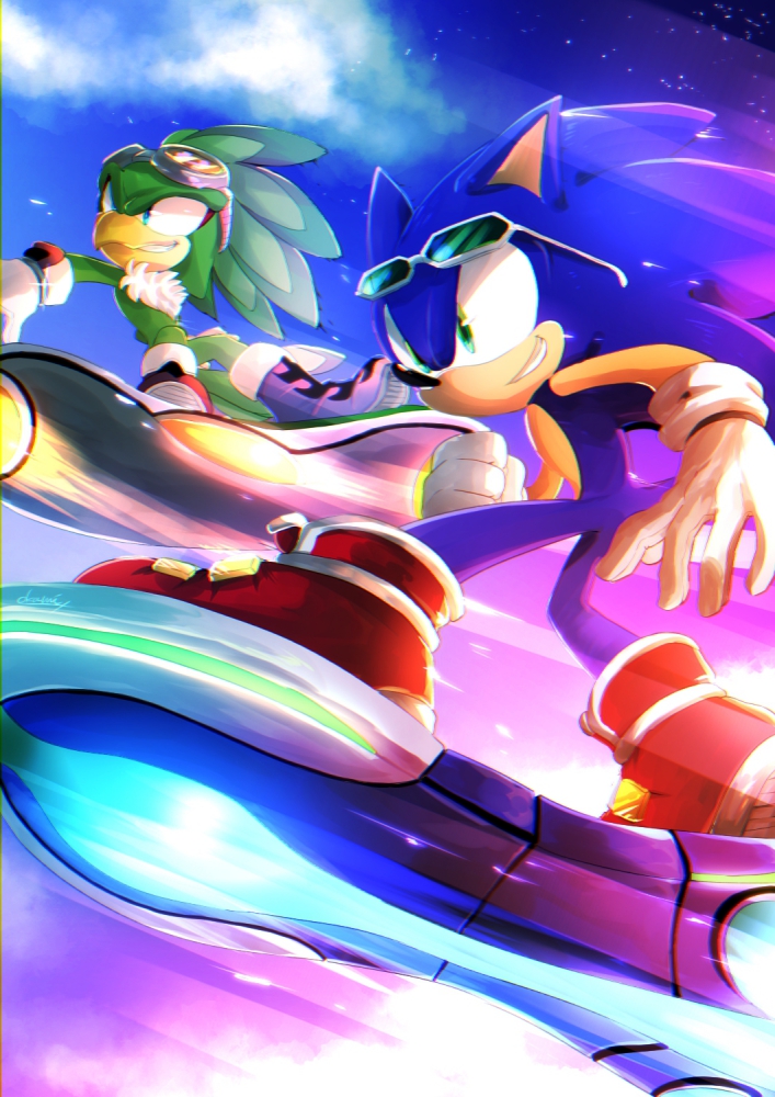 2boys animal_nose beak boots clouds eyewear_on_head feathers furry furry_male gloves grin hover_board jet_the_hawk male_focus multiple_boys racing red_footwear sky smile sonic_(series) sonic_riders sonic_the_hedgehog tondamanuke white_gloves