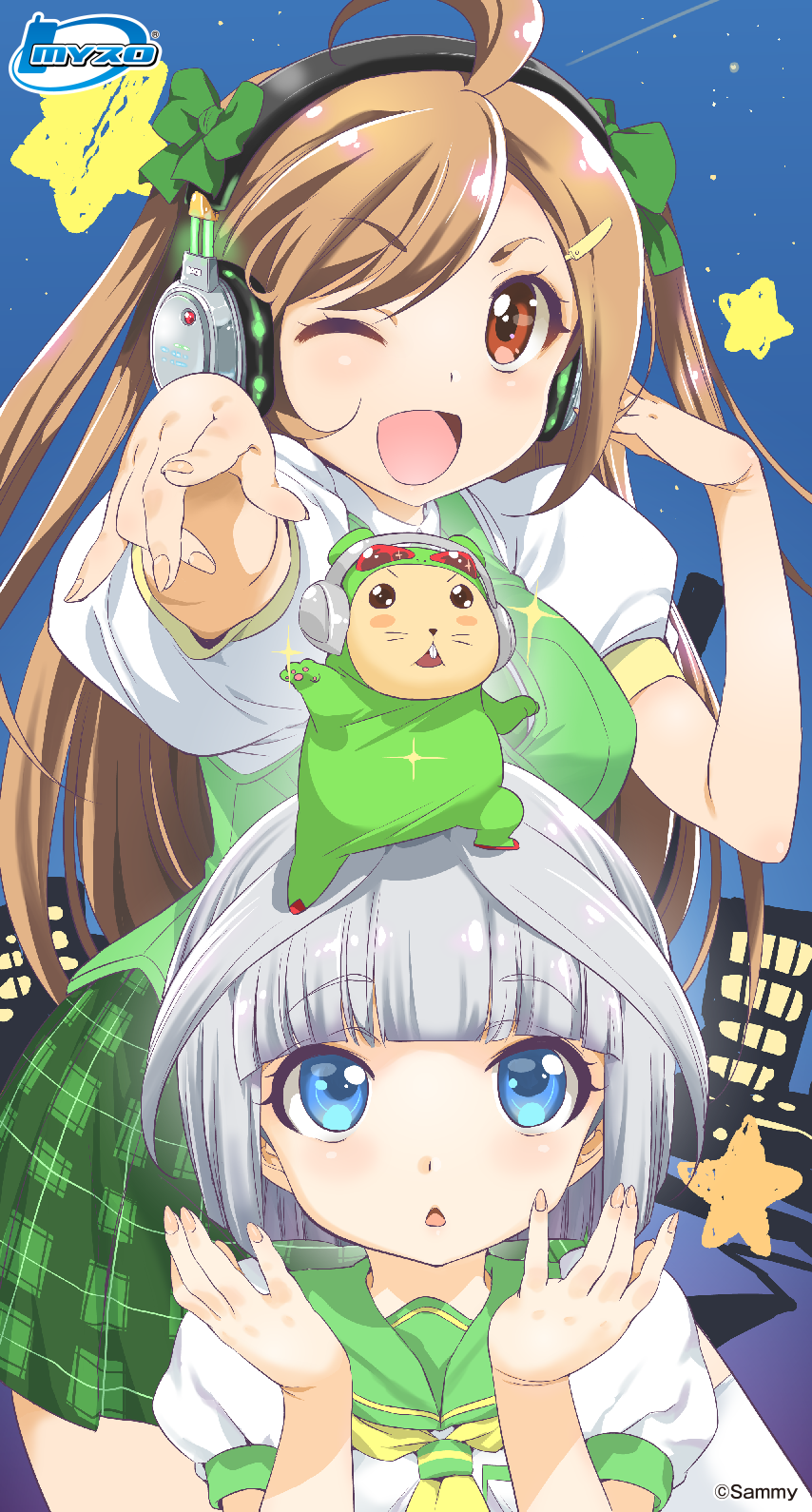 2girls ahoge blue_eyes bow brown_eyes brown_hair fingernails green_bow green_skirt hair_bow hamster headphones highres himawari_(myslot) inoue_sora long_hair looking_at_viewer midori-chan_(myslot) miniskirt multiple_girls myslot night one_eye_closed open_mouth plaid plaid_skirt pleated_skirt pointing pointing_at_viewer puffy_short_sleeves puffy_sleeves school_uniform serafuku shooting_star short_hair short_sleeves silver_hair skirt smile star_(sky) star_(symbol) two_side_up