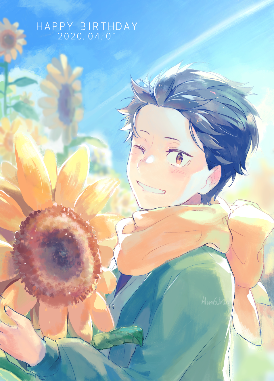 1boy ;d black_hair field flower flower_field hair_slicked_back happy_birthday harusabin highres long_sleeves male_focus natsuki_subaru one_eye_closed open_mouth re:zero_kara_hajimeru_isekai_seikatsu scarf smile solo sunflower