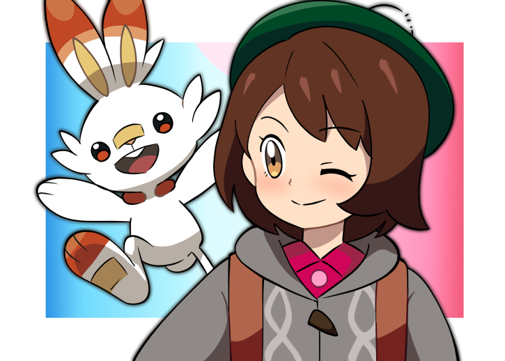 1girl bangs blush brown_eyes brown_hair buttons cable_knit cardigan closed_mouth collared_dress commentary_request dress eyebrows_visible_through_hair eyelashes gloria_(pokemon) green_headwear grey_cardigan hat one_eye_closed pink_dress pokemon pokemon_(creature) pokemon_(game) pokemon_swsh scorbunny smile split_mouth strap tam_o'_shanter upper_body yume_yoroi