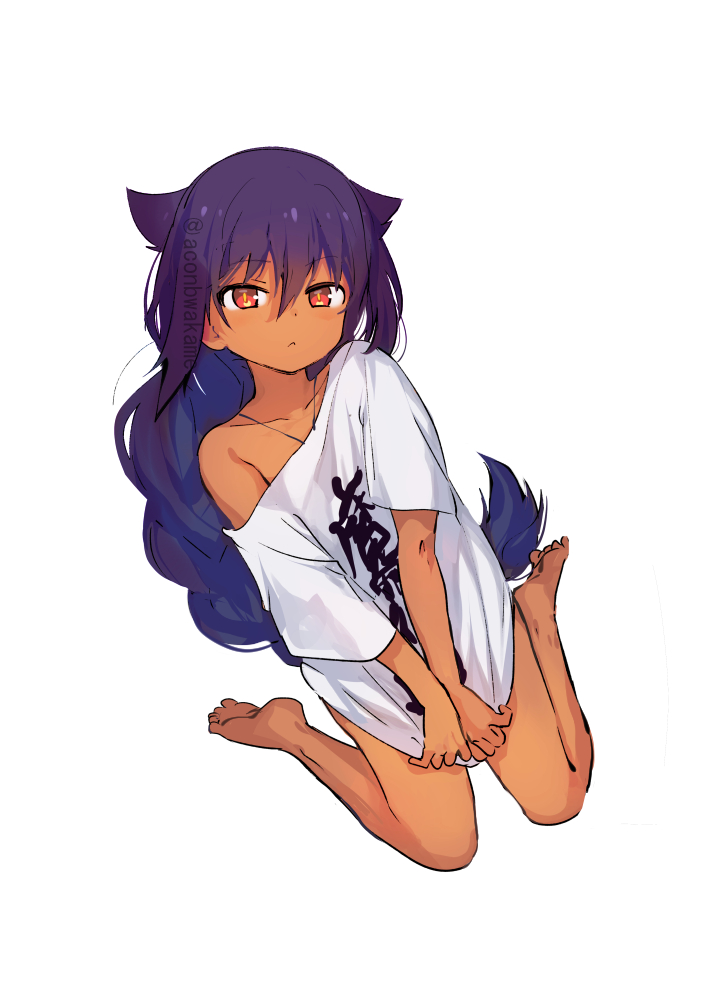 1girl barefoot braid commentary_request dark-skinned_female dark_skin expressionless full_body hair_flaps jahy jahy-sama_wa_kujikenai! konbu_wakame long_hair naked_shirt off_shoulder oversized_clothes purple_hair red_eyes shirt shirt_tug short_sleeves simple_background single_braid sitting solo t-shirt twitter_username very_long_hair wariza white_background white_shirt