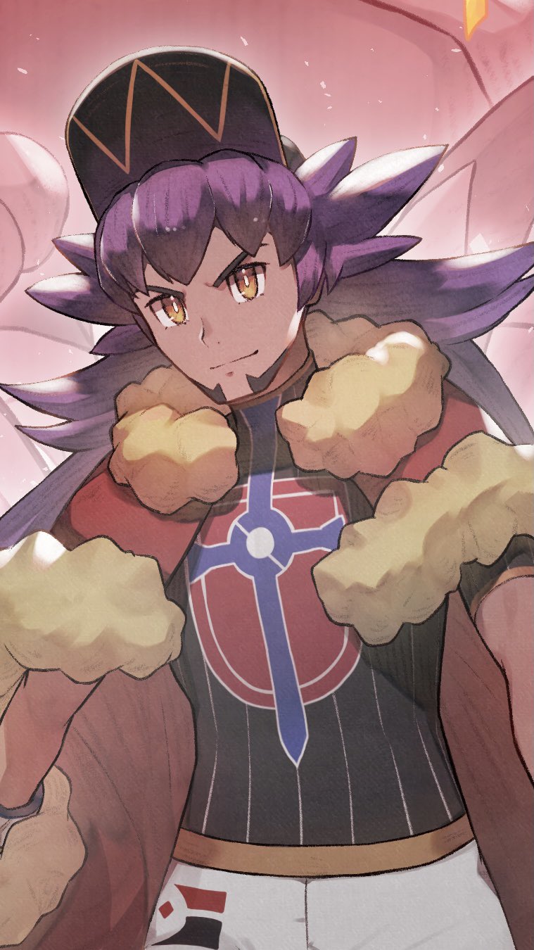 1boy bangs baseball_cap bright_pupils cape champion_uniform closed_mouth commentary_request dark-skinned_male dark_skin facial_hair fur-trimmed_cape fur_trim hat highres leon_(pokemon) long_hair male_focus odd_(hin_yari) pokemon pokemon_(game) pokemon_swsh purple_hair red_cape shield_print shirt short_sleeves shorts smile solo_focus sword_print white_pupils white_shorts