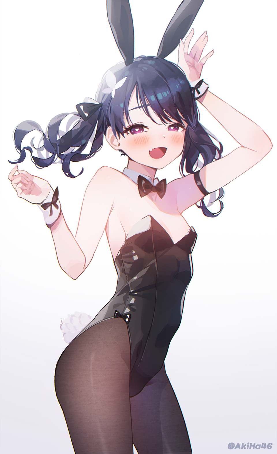 1girl :d animal_ears arm_up armband armpits blush bow bowtie breasts brown_legwear commentary_request cowboy_shot dark_blue_hair detached_collar fake_animal_ears fang fukumaru_koito heart heart-shaped_pupils highres idolmaster idolmaster_shiny_colors kuri_choko looking_at_viewer looking_to_the_side open_mouth pantyhose playboy_bunny rabbit_ears rabbit_tail simple_background skin_fang small_breasts smile smirk solo symbol-shaped_pupils tail twintails wavy_hair white_background wrist_cuffs