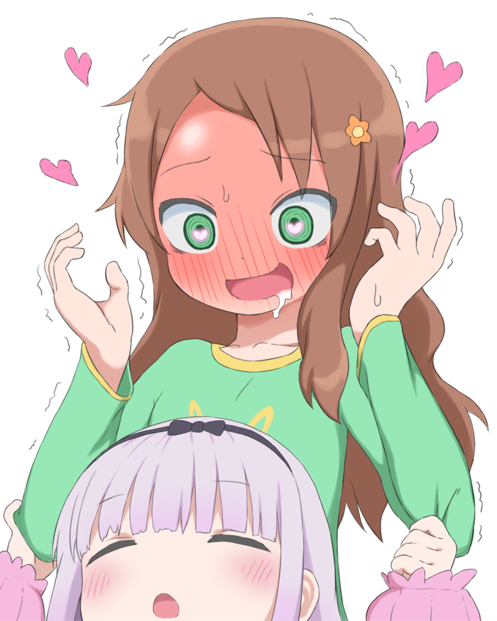 2girls bangs black_hairband blunt_bangs blush brown_hair bubukka closed_eyes drooling eyebrows_visible_through_hair flower green_eyes green_shirt hair_flower hair_ornament hairband heart heart-shaped_pupils kanna_kamui kobayashi-san_chi_no_maidragon long_hair long_sleeves multiple_girls open_mouth purple_hair saikawa_riko saliva shirt simple_background symbol-shaped_pupils white_background yuri