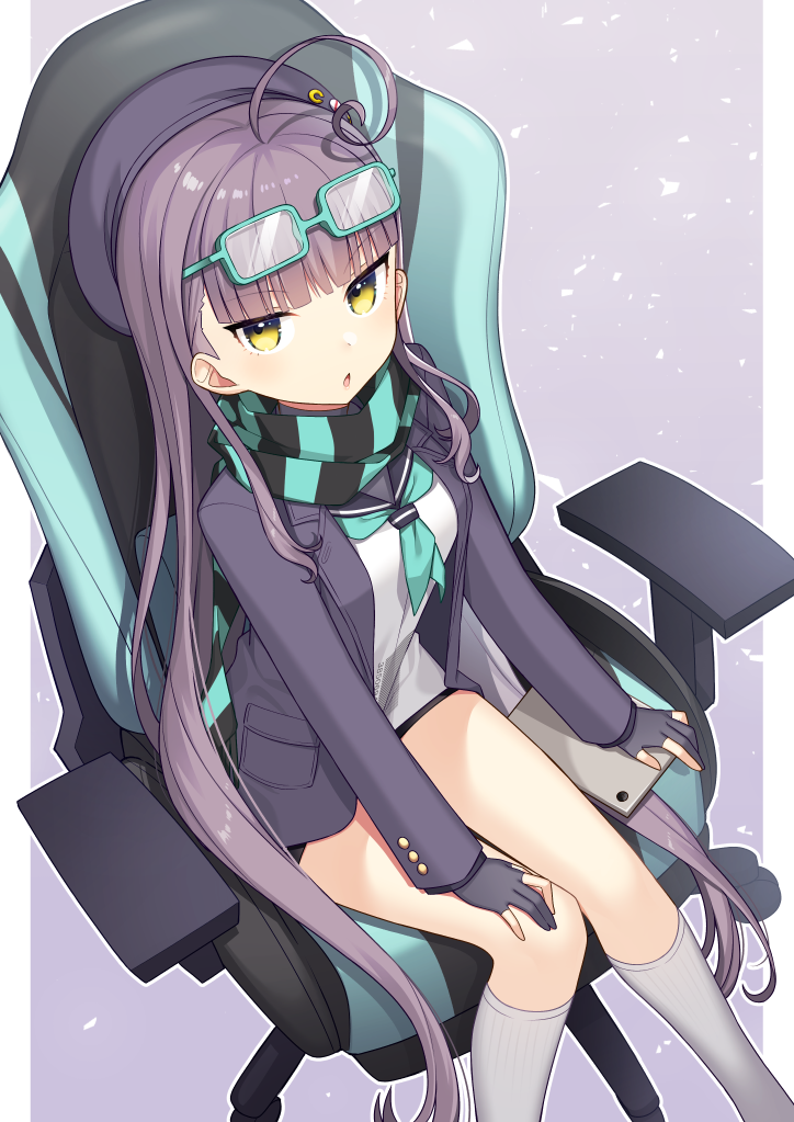 1girl :o ahoge bangs black_gloves blue-framed_eyewear blue_neckwear blue_scarf blunt_bangs chair commission eyewear_on_head feet_out_of_frame gaming_chair glasses gloves hand_on_lap hat jacket konogi long_hair long_sleeves looking_at_viewer neckerchief on_chair open_clothes open_jacket original outline partially_fingerless_gloves purple_background purple_hair purple_headwear purple_jacket scarf school_uniform serafuku shirt sitting skeb_commission socks solo striped striped_scarf very_long_hair white_legwear white_outline white_shirt yellow_eyes