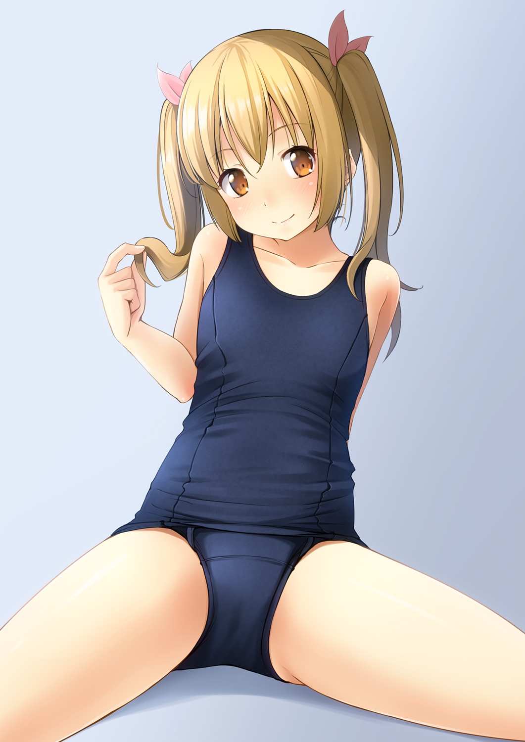1girl blue_swimsuit brown_eyes flat_chest gradient gradient_background highres light_brown_hair long_hair looking_at_viewer old_school_swimsuit original ribbon school_swimsuit shibacha sitting smile solo split spread_legs swimsuit twintails