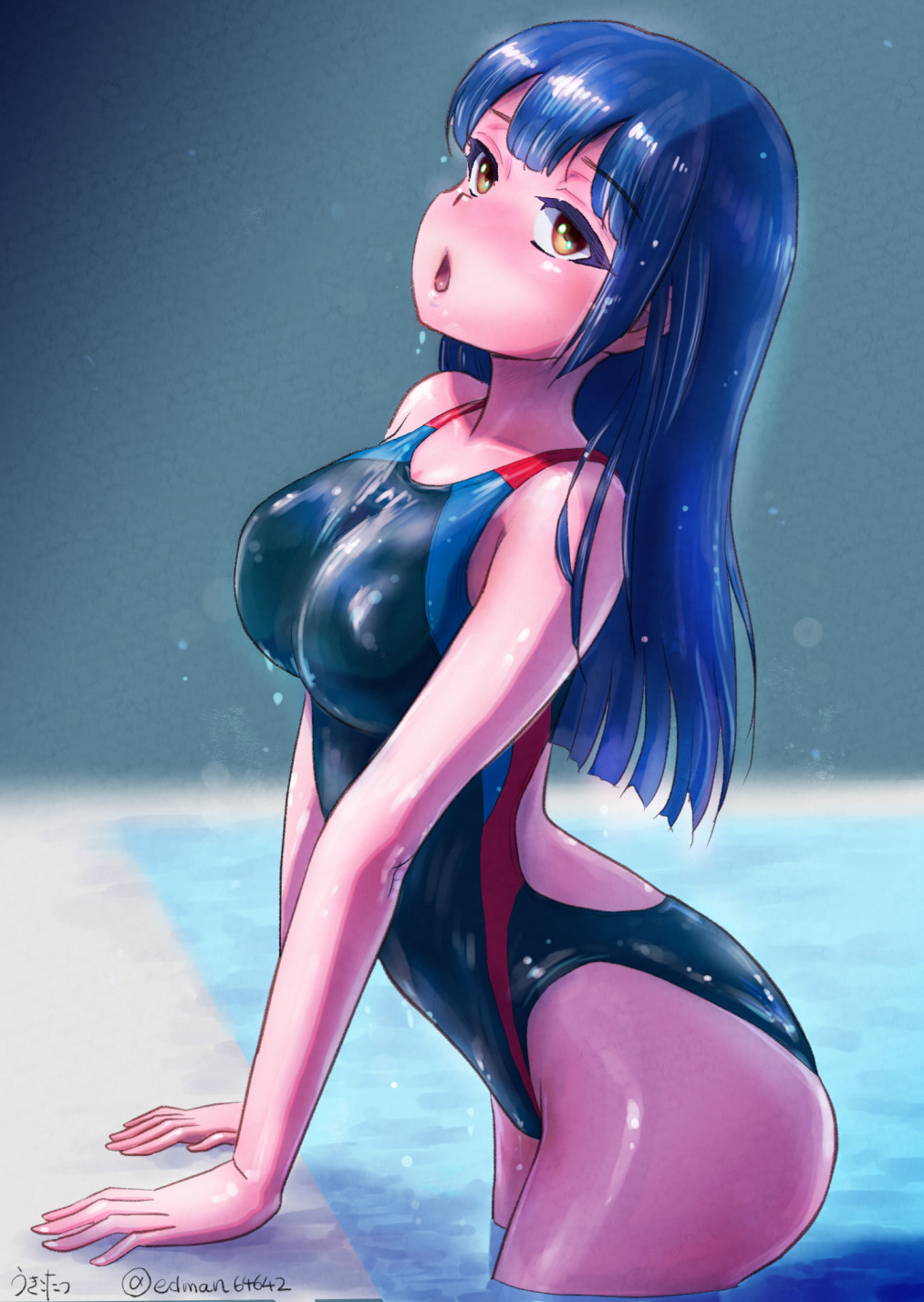 1girl artist_name black_hair black_swimsuit breasts brown_eyes chestnut_mouth commentary_request competition_swimsuit cowboy_shot dated highres long_hair medium_breasts one-piece_swimsuit original pool solo swimsuit ukikotatsu water wet wet_clothes wet_swimsuit