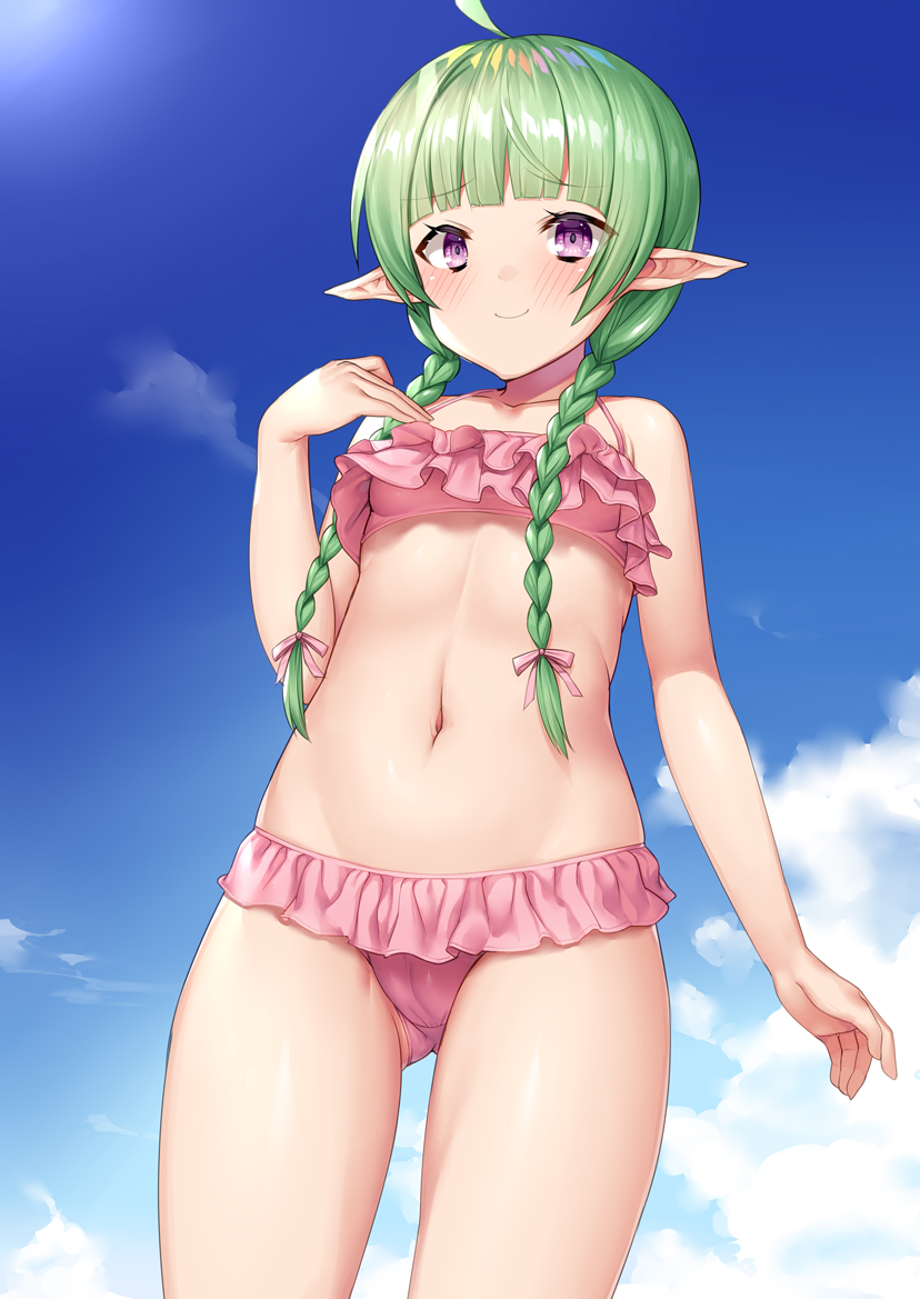 1girl ahoge bare_arms bare_shoulders bikini blue_sky blush braid breasts closed_mouth cowboy_shot day fire_emblem fire_emblem_awakening frilled_bikini frills green_hair light_smile long_hair looking_at_viewer manakete nah_(fire_emblem) navel outdoors pink_bikini pointy_ears sky small_breasts solo stomach swimsuit torimaru twin_braids violet_eyes