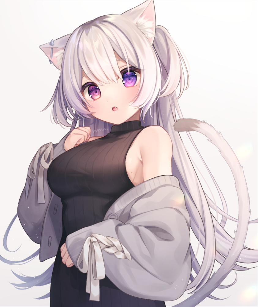 1girl :o animal_ears bangs bare_shoulders black_dress blush breasts cardigan cat_ears cat_tail commentary_request dress ear_piercing eyebrows_visible_through_hair fang grey_cardigan hair_between_eyes hand_up heterochromia komachi_pochi large_breasts long_hair long_sleeves looking_at_viewer mole mole_on_breast off_shoulder open_cardigan open_clothes original parted_lips piercing simple_background sleeveless sleeveless_dress solo tail tail_raised two_side_up upper_body violet_eyes white_background white_hair