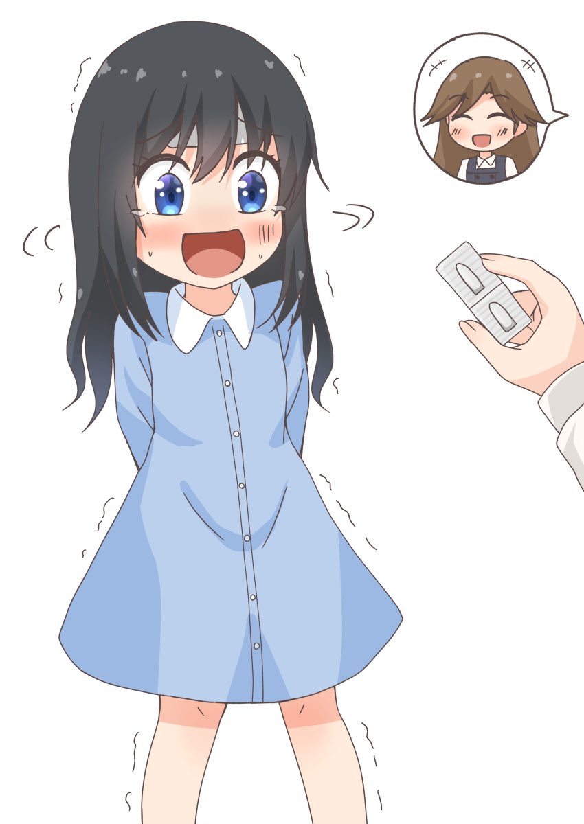 1girl alternate_costume arashio_(kancolle) arm_behind_back asashio_(kancolle) black_hair blue_dress blue_eyes comiching commentary_request dress feet_out_of_frame highres kantai_collection long_hair open_mouth simple_background smile solo standing suppository trembling white_background