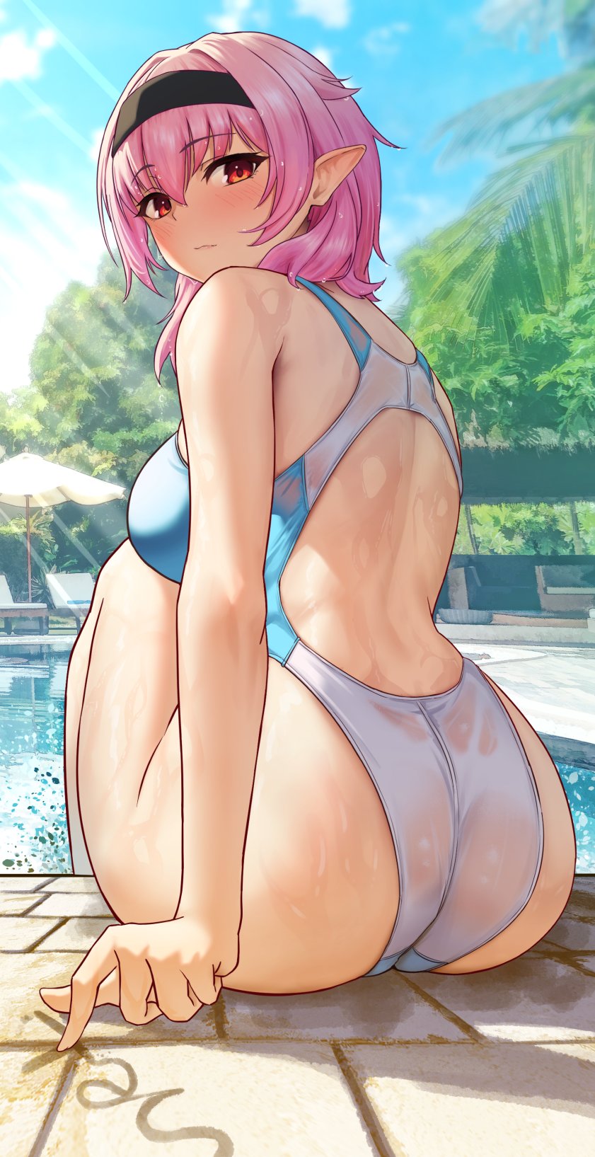 1girl ass back_cutout bangs blush breasts clothing_cutout drawing elf from_behind hairband highres knee_up large_breasts leaning_forward looking_at_viewer looking_back original pink_hair pointy_ears pool poolside skindentation solar_(happymonk) solo swimsuit thick_thighs thighs turning_head writing