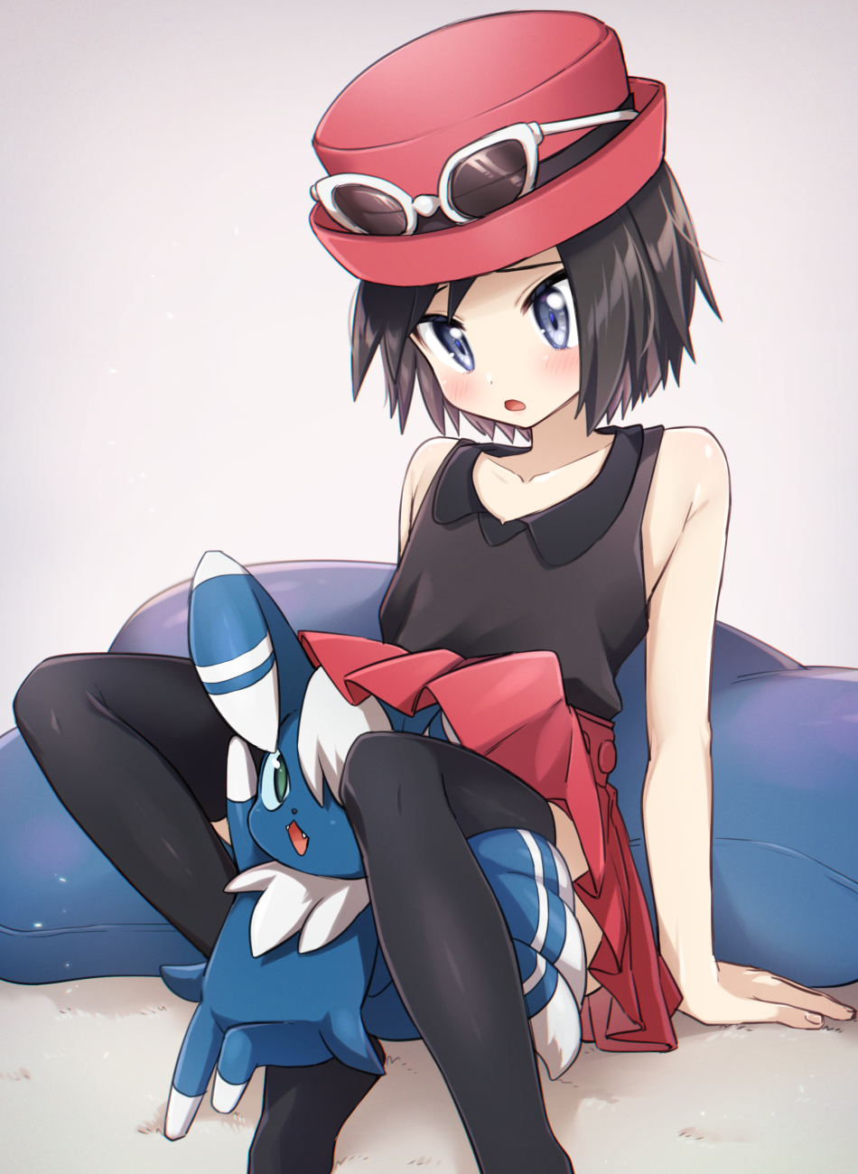 1boy :o black_hair black_legwear blue_eyes blush calem_(pokemon) cosplay eyewear_on_headwear fangs grey_background hat highres leftporygon male_focus meowstic parted_lips pokemon pokemon_(creature) pokemon_(game) pokemon_xy red_skirt serena_(pokemon) serena_(pokemon)_(cosplay) simple_background sitting skirt sleeveless thigh-highs