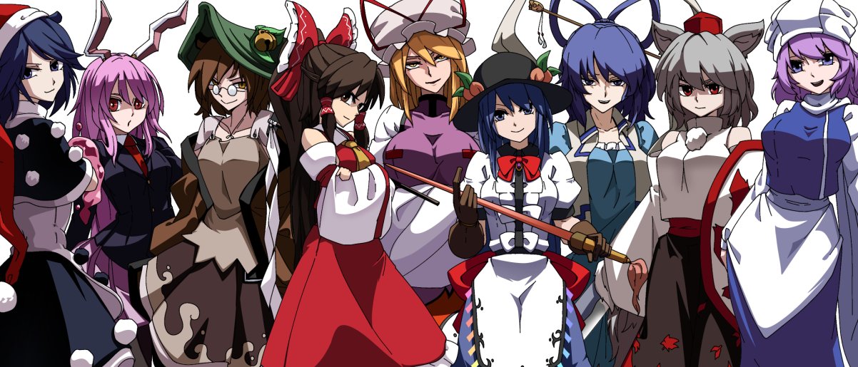 6+girls animal_ears ascot bangs bell blazer blonde_hair blue_dress blue_eyes blue_hair blush bow breasts brown_gloves brown_hair collarbone crossed_arms detached_sleeves doremy_sweet dress eyebrows_visible_through_hair fruit_hat_ornament futatsuiwa_mamizou gloves green_headwear hair_between_eyes hair_rings hair_tubes hakurei_reimu hat hat_ribbon hinanawi_tenshi inubashiri_momiji jacket jingle_bell kaku_seiga kikoka_(mizuumi) letty_whiterock long_hair long_sleeves looking_at_viewer mob_cap multiple_girls necktie nontraditional_miko peach_hat_ornament pink_skirt pleated_skirt pom_pom_(clothes) purple_hair rabbit_ears red_eyes red_headwear red_neckwear reisen_udongein_inaba ribbon round_eyewear santa_hat shield silver_hair simple_background skirt smile sword_of_hisou tabard touhou upper_body vest violet_eyes white_background white_vest wide_sleeves wing_collar wolf_ears yakumo_yukari yellow_eyes yellow_neckwear