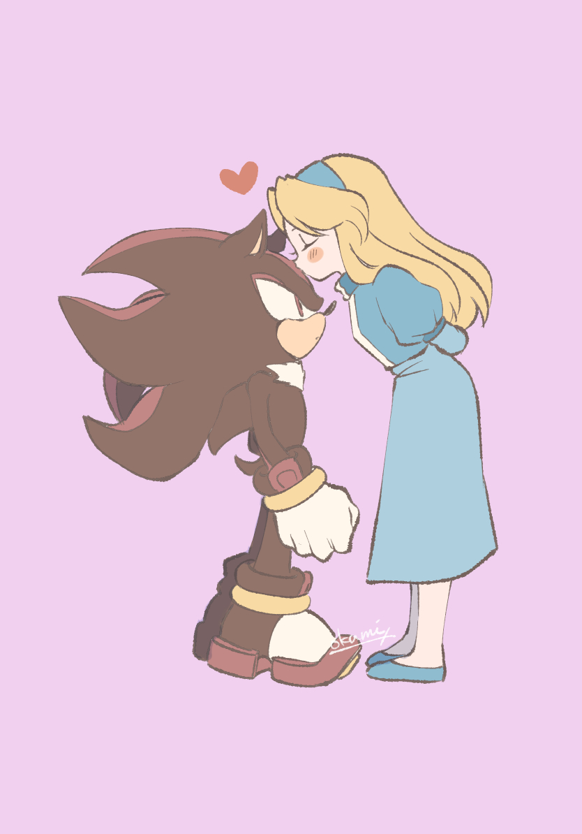 1boy 1girl arms_behind_back blonde_hair blue_eyes blue_footwear blue_hairband blush_stickers closed_eyes closed_mouth dress forehead_kiss full_body furry furry_male gloves hairband heart kiss long_hair maria_robotnik pink_background red_eyes shadow_the_hedgehog simple_background sonic_(series) standing tondamanuke white_gloves