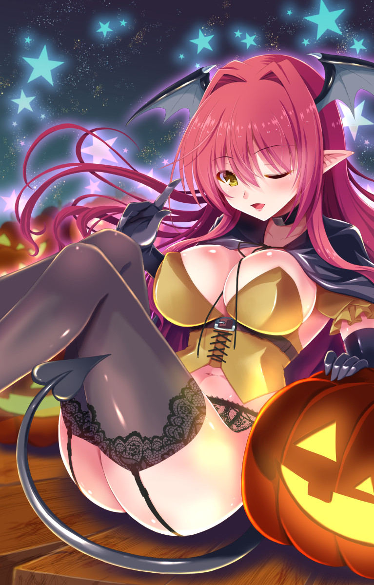 alternate_costume bat_wings breasts demon_girl demon_tail demon_wings halloween halloween_costume head_wings highres koakuma large_breasts long_hair pointy_ears pumpkin redhead tail touhou wings yamu_(reverse_noise)