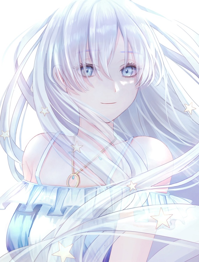 1girl anastasia_(fate) anastasia_(swimsuit_archer)_(fate) bare_shoulders blue_dress blue_eyes breasts colored_eyelashes dress eyelashes fate/grand_order fate_(series) frills jewelry light_smile long_hair medium_breasts necklace pale_skin seki_(sekixview) simple_background smile solo sundress swimsuit upper_body very_long_hair white_background white_eyelashes white_hair