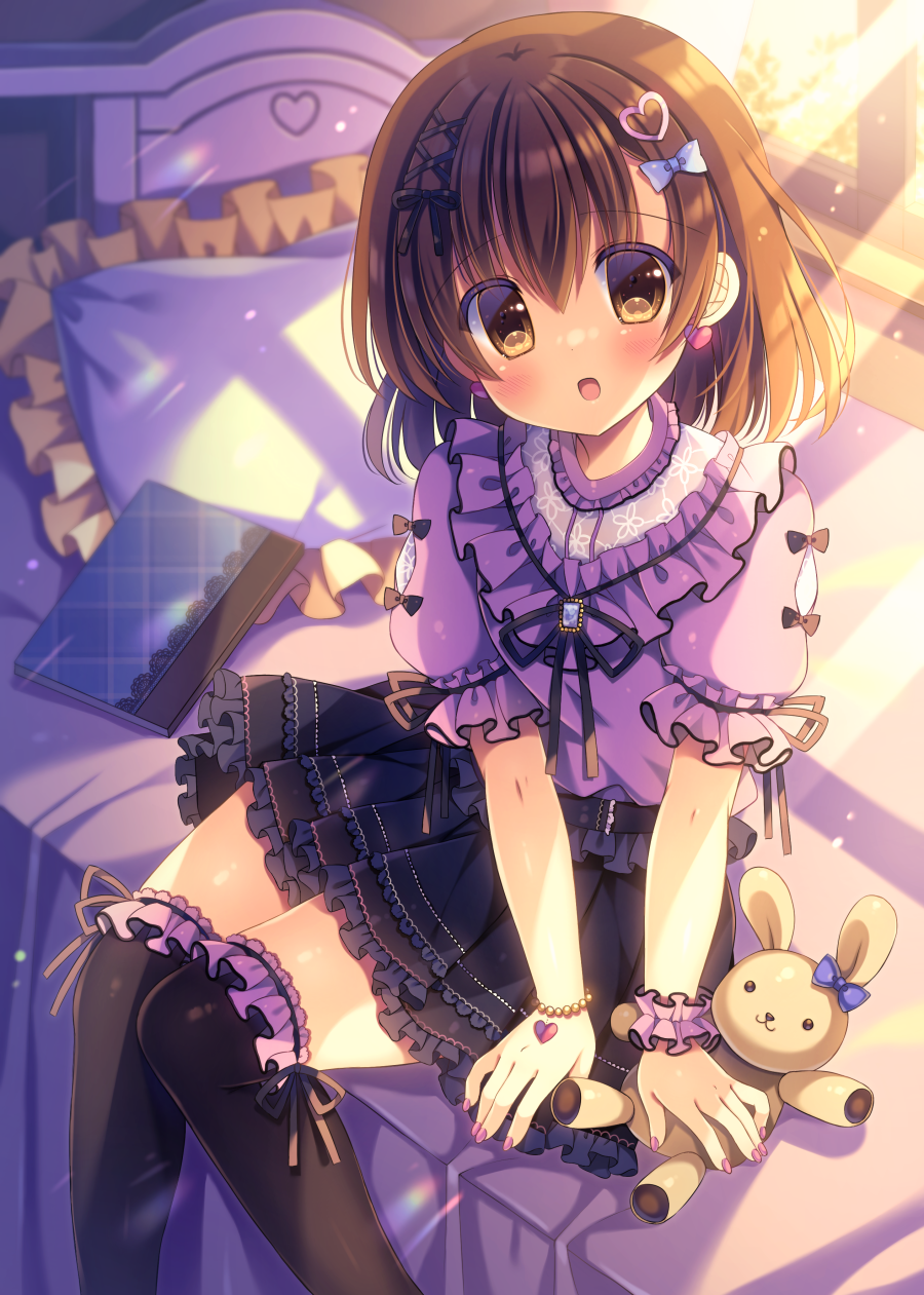 1girl :d arm_support bangs black_bow black_legwear black_skirt blue_bow blush bow brown_eyes brown_hair earrings eyebrows_visible_through_hair frilled_legwear frilled_pillow frilled_shirt frills hair_between_eyes hair_bow hair_ornament heart heart_earrings heart_hair_ornament highres indoors jewelry kouta. nail_polish on_bed open_mouth original over-kneehighs pillow pink_nails pleated_skirt puffy_short_sleeves puffy_sleeves purple_shirt shirt short_sleeves sitting sitting_on_bed skirt smile solo stuffed_animal stuffed_bunny stuffed_toy sunlight thigh-highs window wrist_cuffs x_hair_ornament