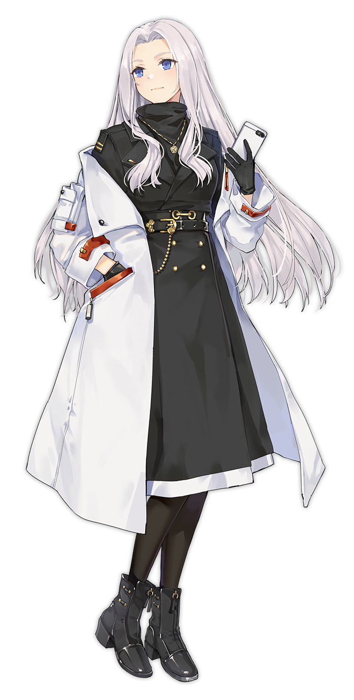 1girl artist_request azur_lane black_dress black_footwear black_gloves boots cellphone closed_eyes coat dress gloves hair_intakes hand_in_pocket highres holding holding_phone light_blue_eyes long_hair long_sleeves looking_at_viewer official_alternate_costume official_art open_mouth phone silver_hair smartphone smile solo transparent_background white_coat yorktown_(azur_lane) yorktown_(saint_wings)_(azur_lane)