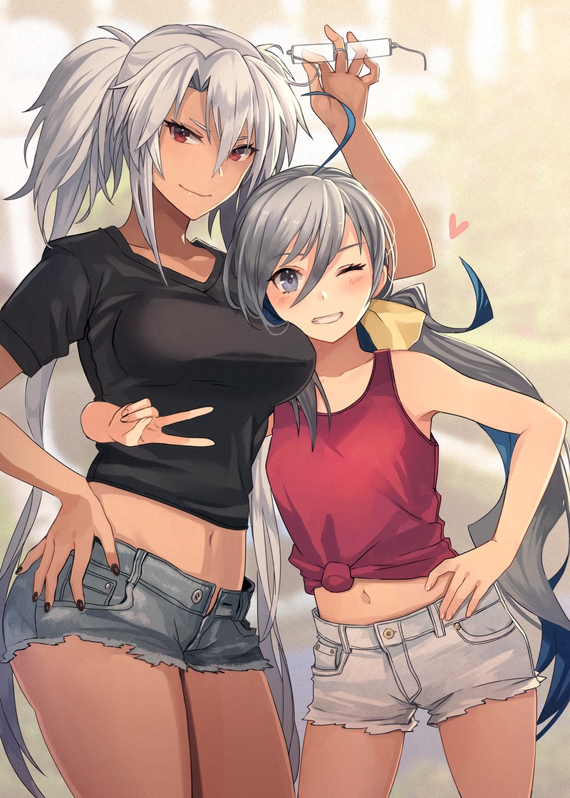 2girls ahoge black_nails black_shirt blue_shorts blurry blurry_background blush breasts closed_mouth collarbone eyewear_removed grey_eyes grey_hair grey_shorts grin height_difference holding holding_eyewear kantai_collection kasumi_(skchkko) kiyoshimo_(kancolle) looking_at_viewer low_twintails medium_breasts midriff multiple_girls musashi_(kancolle) navel one_eye_closed pose red_eyes red_shirt shirt shorts silver_hair smile tan twintails