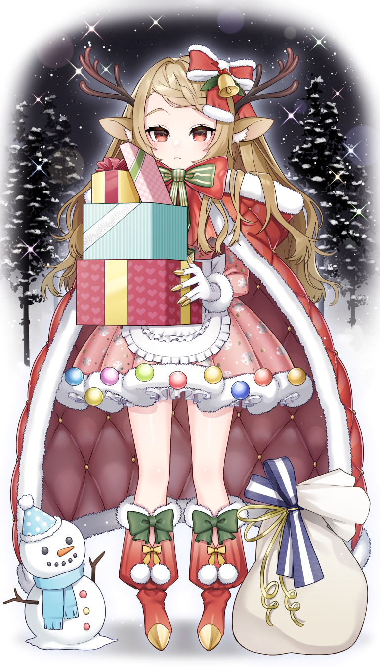 1girl animal_ears antlers bell blonde_hair blush bow cape christmas christmas_gift claw_ring closed_mouth deer_antlers deer_ears dress gift gloves hair_bell hair_bow hair_ornament highres holding holding_gift hood hood_down hooded_cape konogi long_hair long_sleeves original outdoors pigeon-toed pink_dress red_cape red_eyes red_footwear sack snow snowman solo standing tree white_gloves