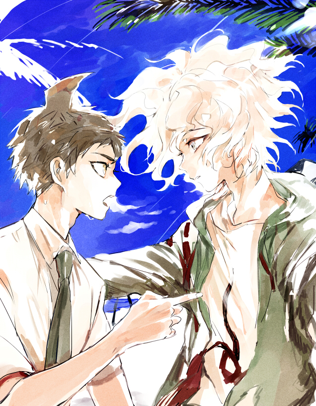 2boys ahoge bangs brown_eyes brown_hair clouds collared_shirt danganronpa_(series) danganronpa_2:_goodbye_despair day eye_contact green_jacket grey_eyes hinata_hajime hood hood_down jacket komaeda_nagito long_sleeves looking_at_another messy_hair multiple_boys necktie open_clothes open_jacket palm_leaf pointing_at_another print_shirt shirt short_hair short_sleeves sky suou