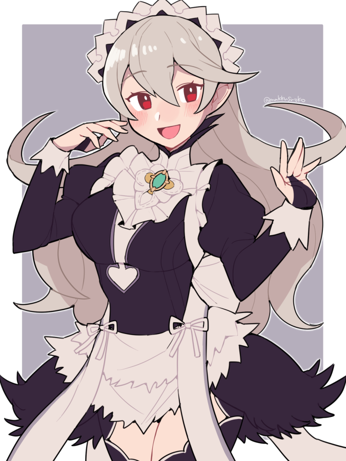 1girl alternate_costume apron bangs black_dress black_legwear blush bow breasts bridal_gauntlets collar corrin_(fire_emblem) corrin_(fire_emblem)_(female) cosplay do_m_kaeru dress eyebrows_visible_through_hair feather_trim felicia_(fire_emblem) felicia_(fire_emblem)_(cosplay) fire_emblem fire_emblem_fates frilled_collar frills grey_hair hair_between_eyes juliet_sleeves large_breasts long_hair long_sleeves looking_at_viewer maid maid_headdress manakete open_mouth pointy_ears puffy_sleeves red_eyes smile solo thigh-highs tongue twitter_username waist_apron white_apron white_bow wrist_cuffs