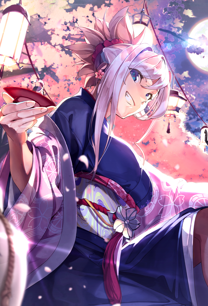 1girl akamiso_(k074510) alcohol alternate_costume bangs blue_eyes blue_kimono blurry blurry_foreground breasts cherry_blossoms cup eyebrows_visible_through_hair eyelashes fate/grand_order fate_(series) feet_out_of_frame floral_print from_side hair_ornament hair_scrunchie hair_up holding japanese_clothes kimono knee_up lantern large_breasts lens_flare looking_at_viewer miyamoto_musashi_(fate) moon obi outdoors pink_hair sakazuki sake sash scrunchie shadow shawl shiny shiny_hair sidelocks sitting smirk solo teeth wide_sleeves