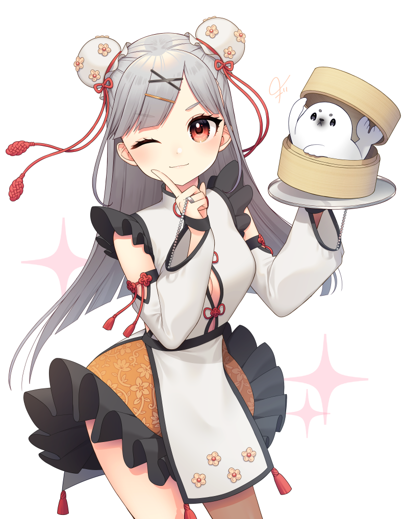 1girl blush bun_cover chinese_clothes cleavage_cutout closed_mouth clothing_cutout cowboy_shot double_bun grey_hair hair_ornament hairclip hand_up holding holding_tray jewelry konogi long_hair long_sleeves looking_at_viewer one_eye_closed original red_eyes ring seal_(animal) smile solo sparkle tray x_hair_ornament