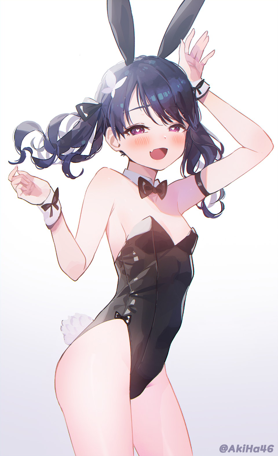 1girl :d animal_ears arm_up armband armpits bare_legs blush bow bowtie breasts cowboy_shot dark_blue_hair detached_collar fake_animal_ears fang fukumaru_koito heart heart-shaped_pupils highres idolmaster idolmaster_shiny_colors kuri_choko looking_at_viewer looking_to_the_side open_mouth playboy_bunny rabbit_ears rabbit_tail simple_background skin_fang small_breasts smile smirk solo symbol-shaped_pupils tail twintails wavy_hair white_background wrist_cuffs