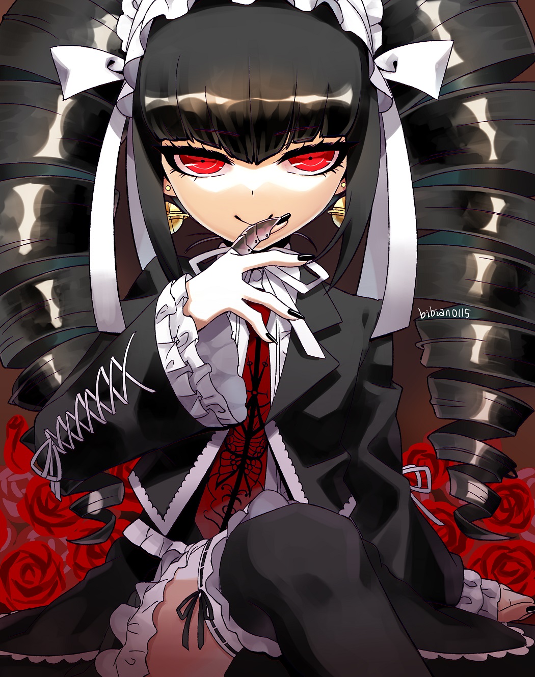 1girl artist_name bangs bell bell_earrings bibi_(bibian0115) black_jacket black_legwear black_nails black_skirt black_theme blunt_bangs celestia_ludenberg claw_ring closed_mouth collared_shirt commentary_request crossed_legs danganronpa:_trigger_happy_havoc danganronpa_(series) drill_hair earrings eyebrows_visible_through_hair flat_chest flower frilled_hairband frilled_jacket frilled_legwear frilled_skirt frilled_sleeves frills gothic_lolita hair_ribbon hairband half-closed_eyes hand_up happy highres jacket jewelry lolita_fashion long_hair long_sleeves looking_at_viewer miniskirt nail_polish neck_ribbon necktie open_clothes open_jacket red_eyes red_flower red_neckwear red_rose ribbon ribbon-trimmed_legwear ribbon_trim rose shiny shiny_hair shirt signature sitting skirt smile solo straight-on thigh-highs tied_hair twin_drills twintails twitter_username white_hairband white_neckwear white_ribbon white_shirt wide_sleeves