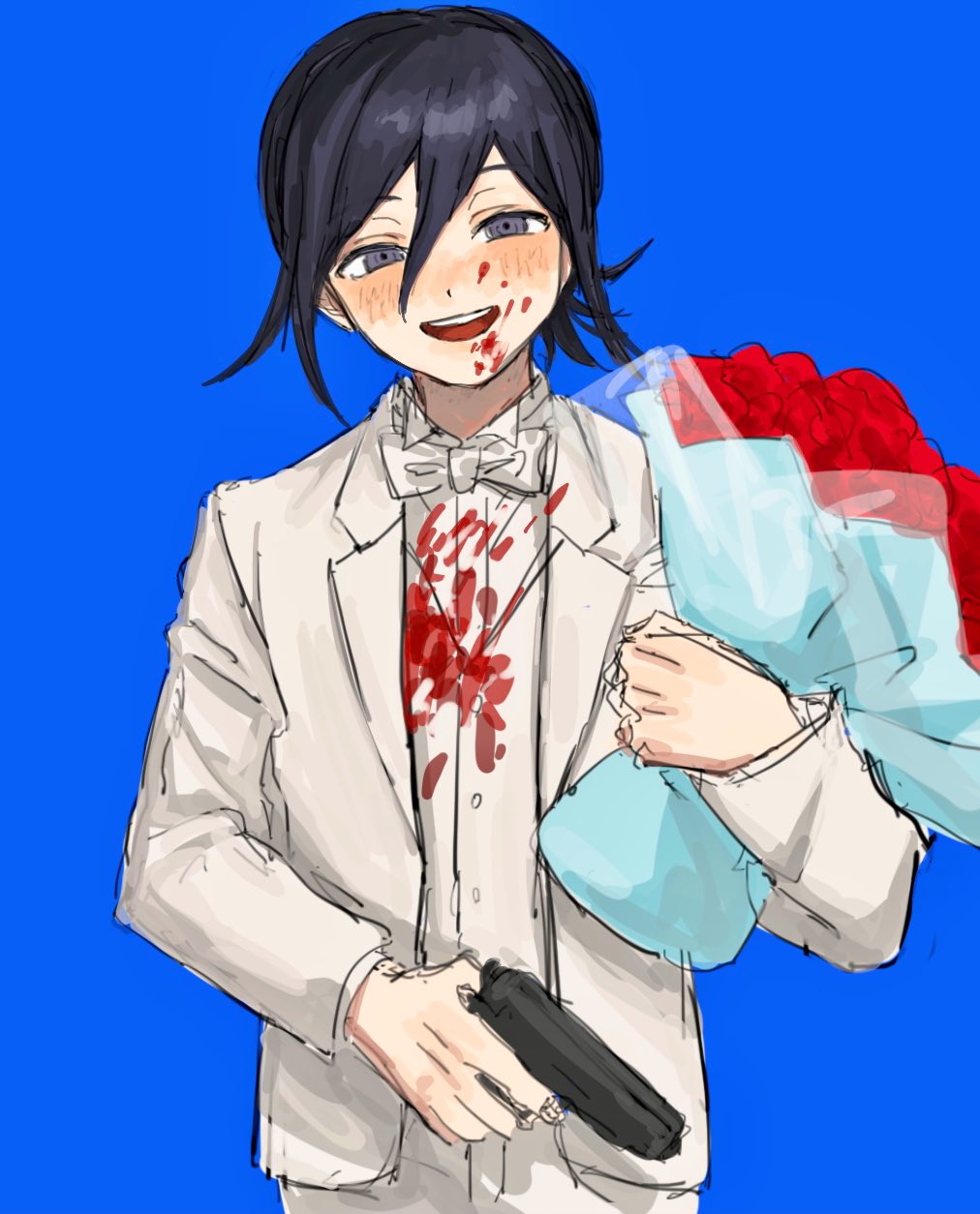 1boy :d alternate_costume bangs black_hair blood blue_background blush bouquet bow bowtie danganronpa_(series) danganronpa_v3:_killing_harmony flower gun hair_between_eyes handgun highres holding holding_bouquet holding_gun holding_weapon jacket long_sleeves male_focus open_mouth ouma_kokichi pants pistol ponytail red_flower renshu_usodayo shirt simple_background sketch smile solo upper_teeth vest weapon white_bow white_jacket white_neckwear white_pants white_shirt white_vest