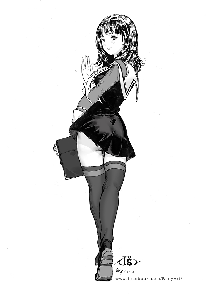 1girl artist_name ass b.c.n.y. bag bangs blush breasts closed_mouth dated dated_commentary facebook_username from_behind full_body greyscale i"s long_sleeves looking_at_viewer looking_back medium_hair miniskirt monochrome panties pleated_skirt school_bag school_uniform serafuku shoes skirt smile solo standing thigh-highs thigh_gap thighs underwear upskirt watermark waving web_address white_background yoshizuki_iori