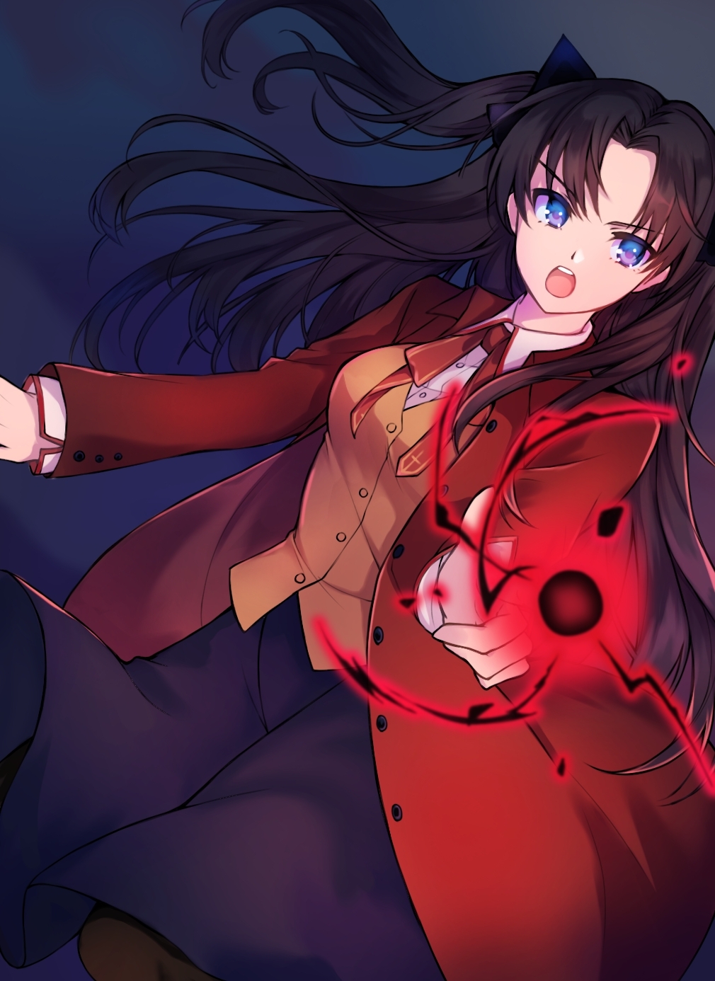 1girl bangs beige_vest black_hair black_skirt blue_eyes collared_shirt fate/stay_night fate_(series) gandr hair_ribbon highres homurahara_academy_uniform incoming_attack jacket long_hair long_sleeves maru_(pixiv51714255) neck_ribbon open_mouth red_jacket red_neckwear red_ribbon ribbon shirt skirt solo tohsaka_rin two_side_up upper_teeth v-shaped_eyebrows vest yellow_vest