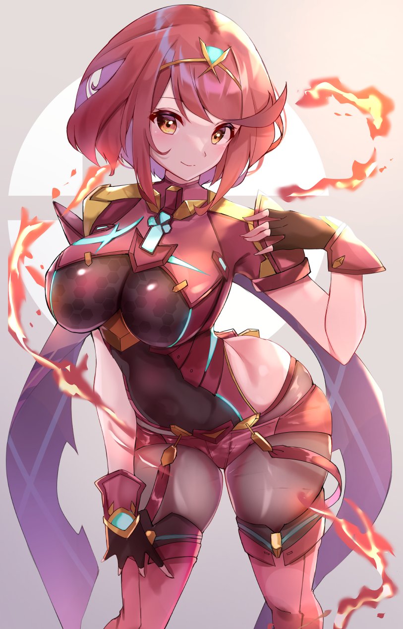 1girl bangs black_gloves breasts chest_jewel earrings fingerless_gloves gloves highres jewelry large_breasts pyra_(xenoblade) racket_ti1 red_eyes red_legwear red_shorts redhead short_hair short_shorts shorts solo swept_bangs thigh-highs tiara xenoblade_chronicles_(series) xenoblade_chronicles_2
