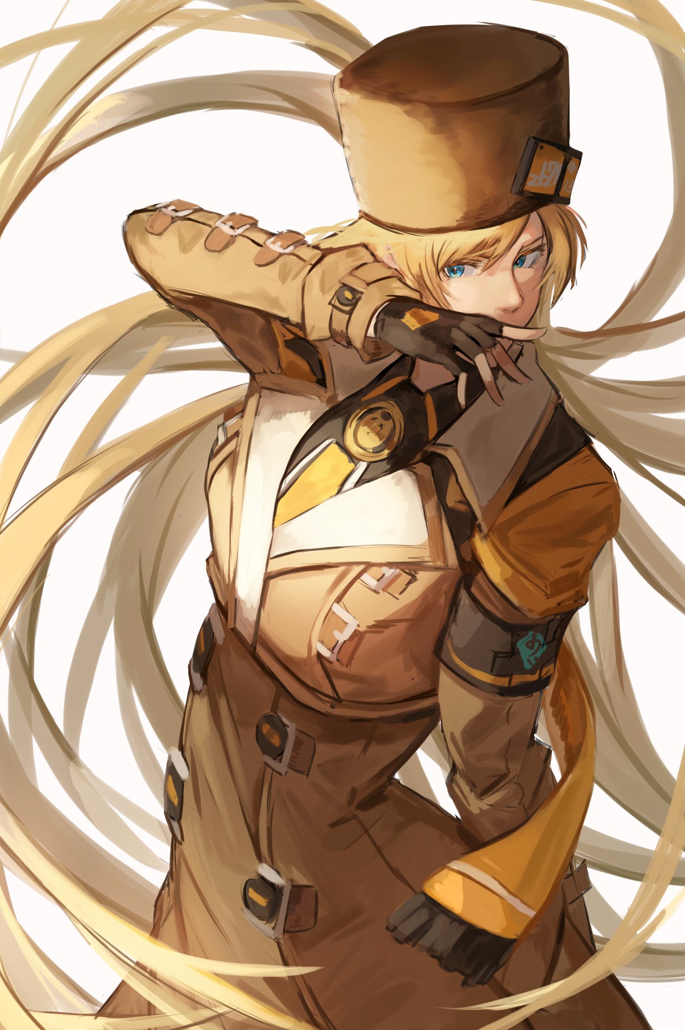 1girl armband belt blue_eyes brown_coat buttons coat covering_mouth fingerless_gloves fur_hat gloves guilty_gear guilty_gear_strive hand_over_own_mouth hat highres long_hair looking_to_the_side millia_rage multiple_belts nasubin_(user_tjyp5584) scarf simple_background solo ushanka very_long_hair white_background yellow_scarf