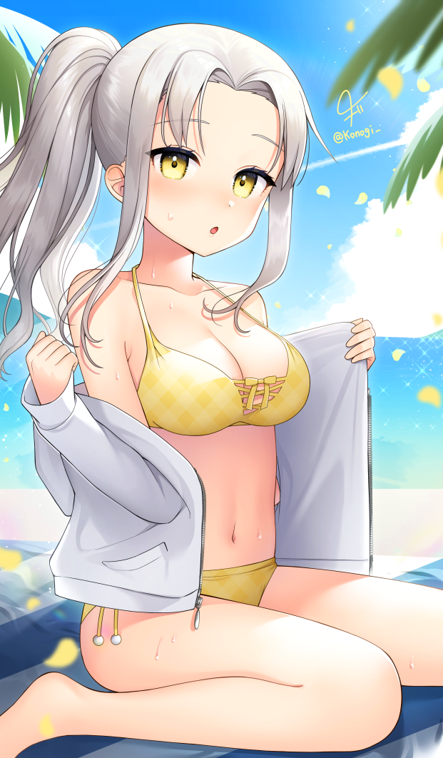 1girl :o bare_legs barefoot beach bikini blush breasts day grey_hair hood hooded_jacket jacket konogi large_breasts looking_at_viewer navel ocean open_clothes open_jacket original outdoors parted_lips ponytail sitting solo sweat swimsuit twitter_username undressing wariza white_bikini white_jacket yellow_bikini yellow_eyes