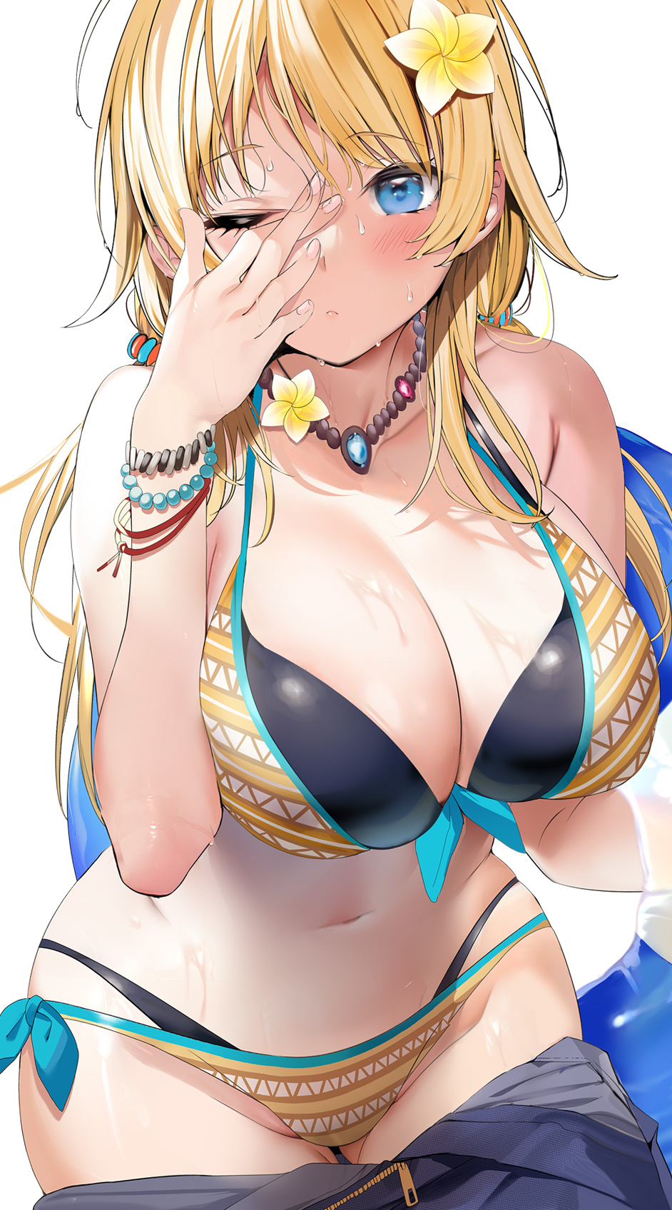 1girl bead_bracelet beads bikini blue_eyes blush bracelet breasts eyebrows_visible_through_hair flower front-tie_bikini front-tie_top hachimiya_meguru hair_flower hair_ornament highres idolmaster idolmaster_shiny_colors jewelry large_breasts layered_bikini long_hair looking_at_viewer marushin_(denwa0214) multicolored multicolored_bikini multicolored_clothes navel necklace one_eye_closed side-tie_bikini simple_background solo sweat swimsuit white_background