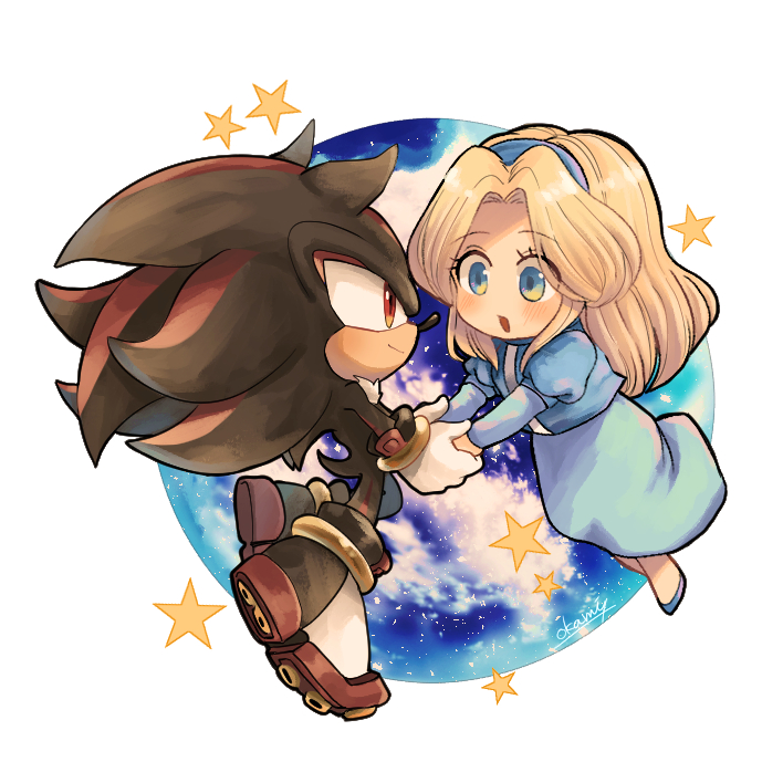 1boy 1girl :d animal_nose blonde_hair blue_dress blue_eyes blue_footwear blue_hairband blush chibi closed_mouth dress eye_contact floating full_body furry furry_male gloves hairband happy holding_hands long_hair long_sleeves looking_at_another maria_robotnik open_mouth planet puffy_sleeves red_eyes shadow_the_hedgehog smile sonic_(series) star_(symbol) tondamanuke white_gloves