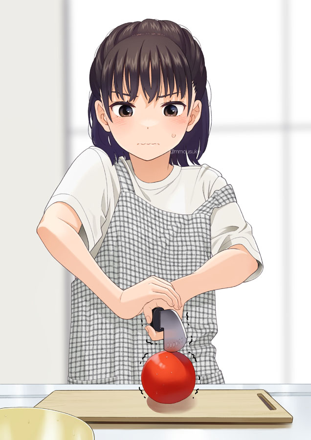 1girl apron bangs black_hair blurry blurry_background brown_eyes closed_mouth cutting_board depth_of_field holding holding_knife indoors knife mattaku_mousuke original plaid plaid_apron shirt short_sleeves solo sweat tomato trembling upper_body v-shaped_eyebrows wavy_mouth white_shirt window