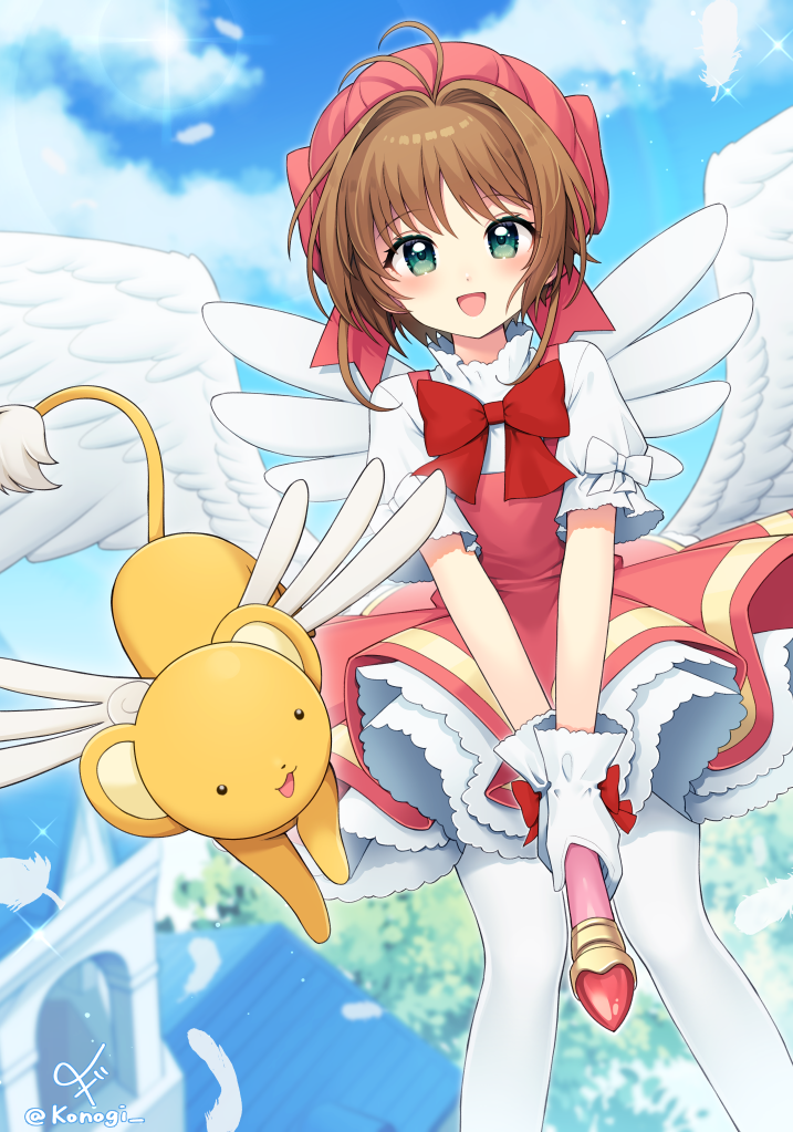1girl :d angel_wings antenna_hair blue_sky blurry blurry_background blush bow brown_hair cardcaptor_sakura day depth_of_field dress feathers flying glove_bow gloves green_eyes hat kero kinomoto_sakura konogi looking_at_viewer open_mouth outdoors petticoat pinafore_dress pink_dress pink_headwear puffy_short_sleeves puffy_sleeves red_bow shirt short_hair short_sleeves signature sky smile solo wand white_gloves white_shirt white_wings wings