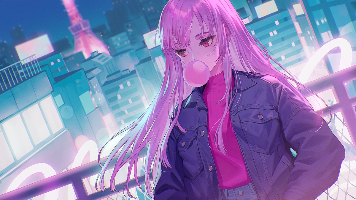 1girl billboard bubble_blowing chewing_gum cityscape denim ekao hands_in_pockets hololive hololive_english jacket jeans long_hair looking_to_the_side mori_calliope pants pink_hair railing red_eyes tokyo_tower turtleneck virtual_youtuber