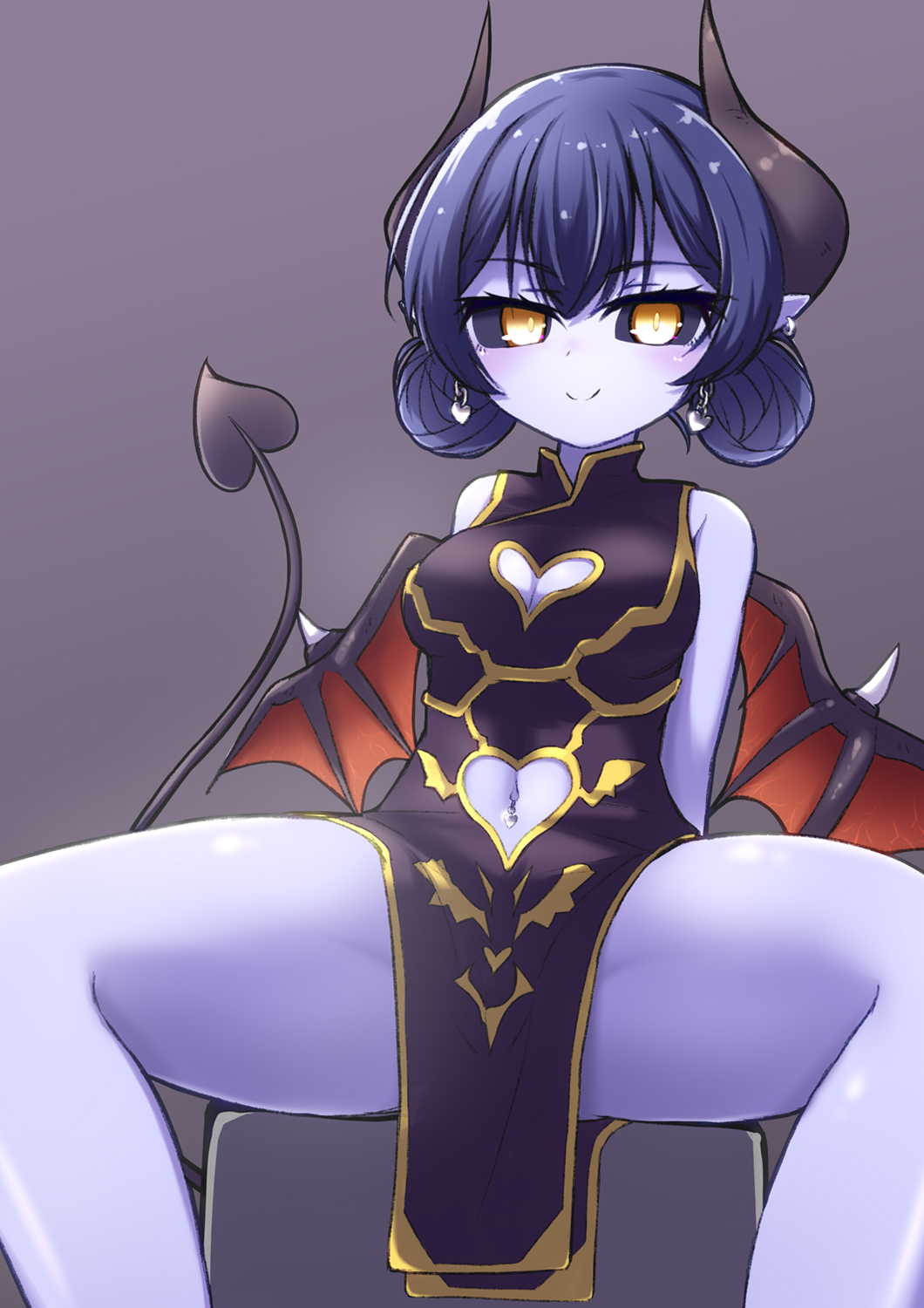 1girl black_sclera blue_hair blue_skin china_dress chinese_clothes cleavage_cutout clothing_cutout colored_sclera colored_skin commentary_request demon_girl demon_horns demon_tail demon_wings double_bun dress earrings grey_background heart_cutout highres horns jewelry looking_at_viewer navel_cutout navel_piercing original piercing pointy_ears sabfish1229 simple_background sitting smile solo tail wings yellow_eyes