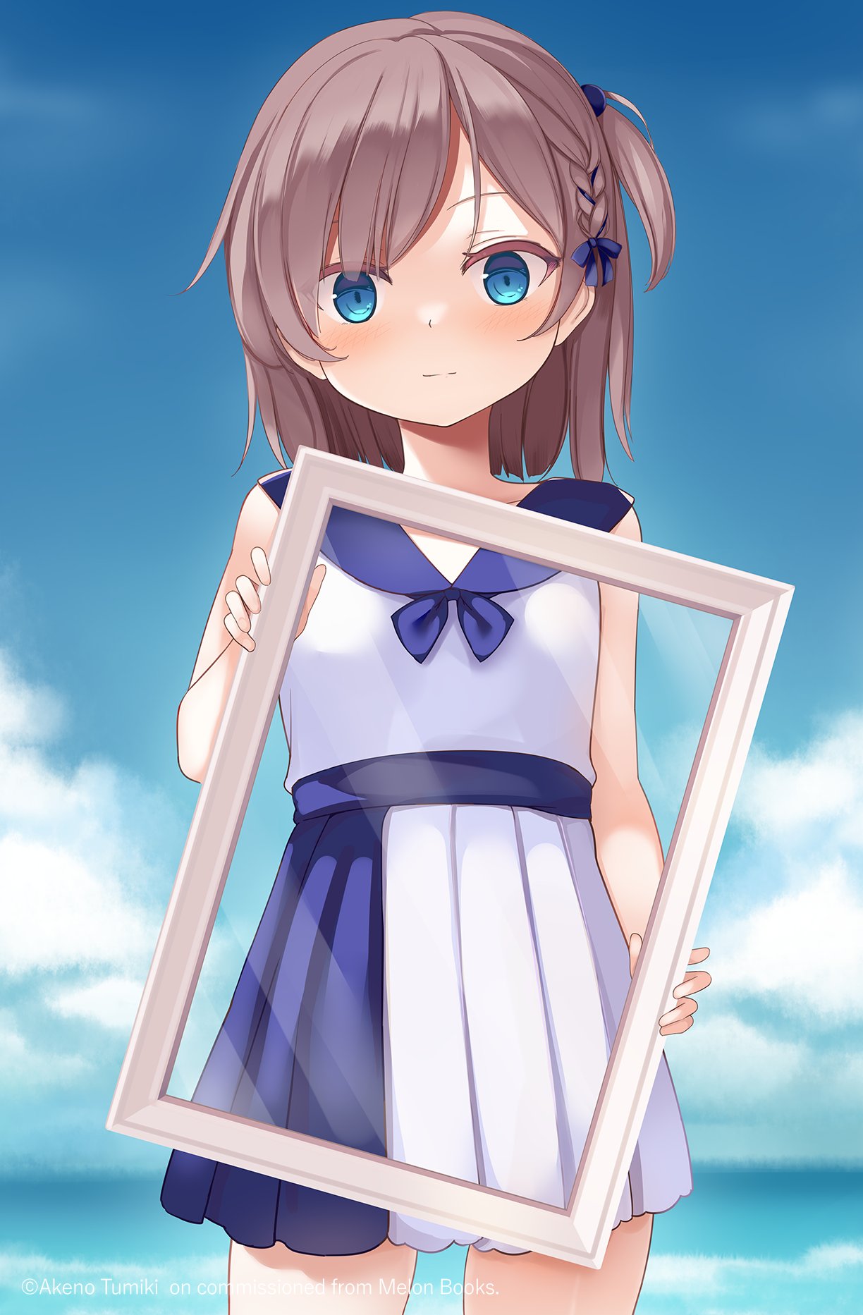 1girl blue_bow blue_eyes blue_sailor_collar blue_skirt blue_sky blush bow braid brown_hair cowboy_shot hair_bow highres holding looking_at_viewer melonbooks original outdoors picture_frame pleated_skirt sailor_collar shirt short_hair short_ponytail side_ponytail single_braid skirt sky solo standing straight-on tsumiki_akeno two-tone_skirt watermark white_shirt white_skirt