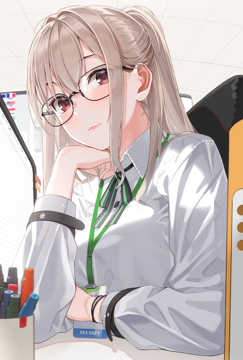 1girl bangs black-framed_eyewear black_ribbon blonde_hair breasts brown_eyes chair closed_mouth collared_shirt glasses green_ribbon grey_shirt hand_up head_rest highres id_card indoors kfr large_breasts long_hair long_sleeves looking_at_viewer monitor neck_ribbon original pen ponytail red_eyes ribbon shiny shiny_clothes shiny_hair shirt sitting smile solo upper_body watch watch white_shirt