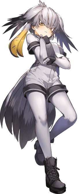 1girl bird_girl bird_tail bird_wings boots closed_mouth elbow_gloves game_cg gloves grey_hair kemono_friends kemono_friends_kingdom long_hair looking_at_viewer necktie official_art pantyhose shirt shoebill_(kemono_friends) shorts solo tachi-e tail transparent_background wings yellow_eyes
