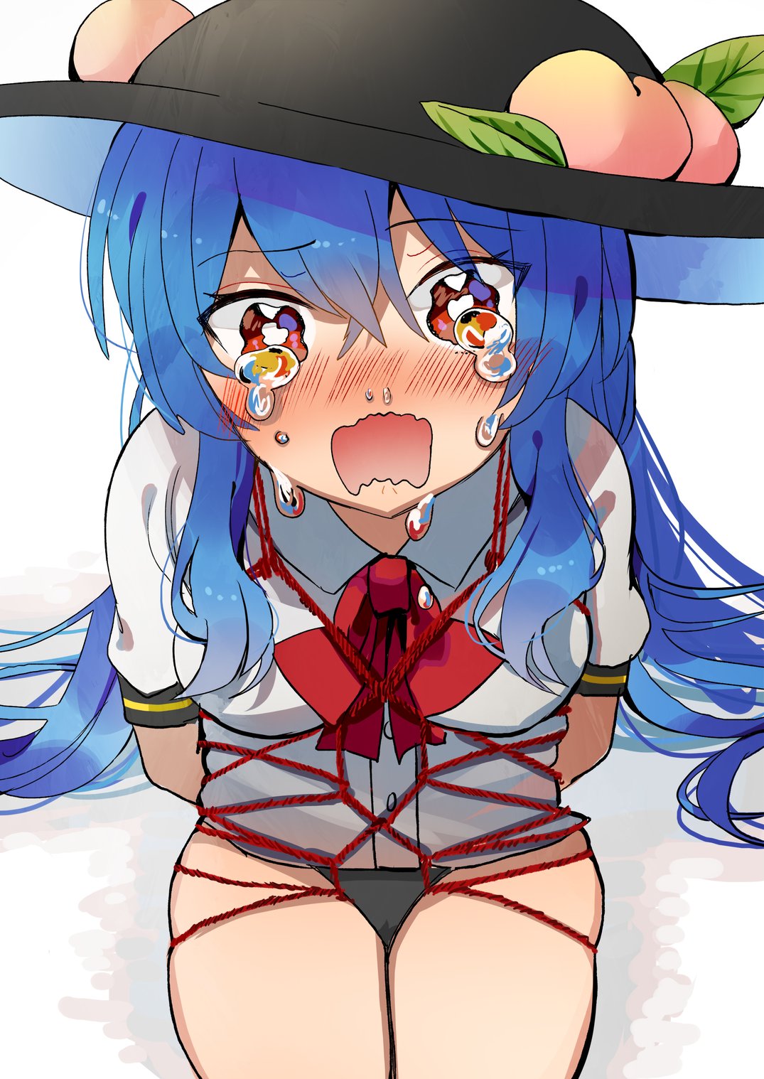 1girl bdsm behind_back blue_hair bondage bound bow breasts crying crying_with_eyes_open food fruit hat highres hinanawi_tenshi long_hair looking_at_viewer open_mouth panties peach red_eyes rope shirt short_sleeves sitting solo tamagogayu1998 tears touhou underwear very_long_hair