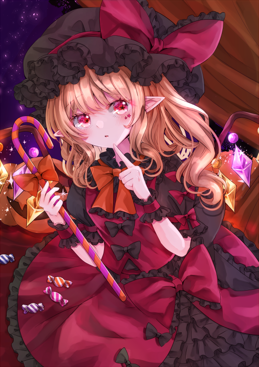 1girl alternate_color bangs black_bow blush bow bowtie candy candy_cane commentary_request crystal curtains eyebrows_visible_through_hair finger_to_own_chin flandre_scarlet food frilled_bow frills hat hat_ribbon jack-o'-lantern jaku_sono makeup mob_cap orange_bow orange_neckwear pointy_ears puffy_short_sleeves puffy_sleeves red_eyes red_skirt red_vest ribbon short_sleeves side_ponytail sidelocks sitting skirt solo sparkle star-shaped_pupils star_(symbol) star_print symbol-shaped_pupils touhou upper_body vest wings