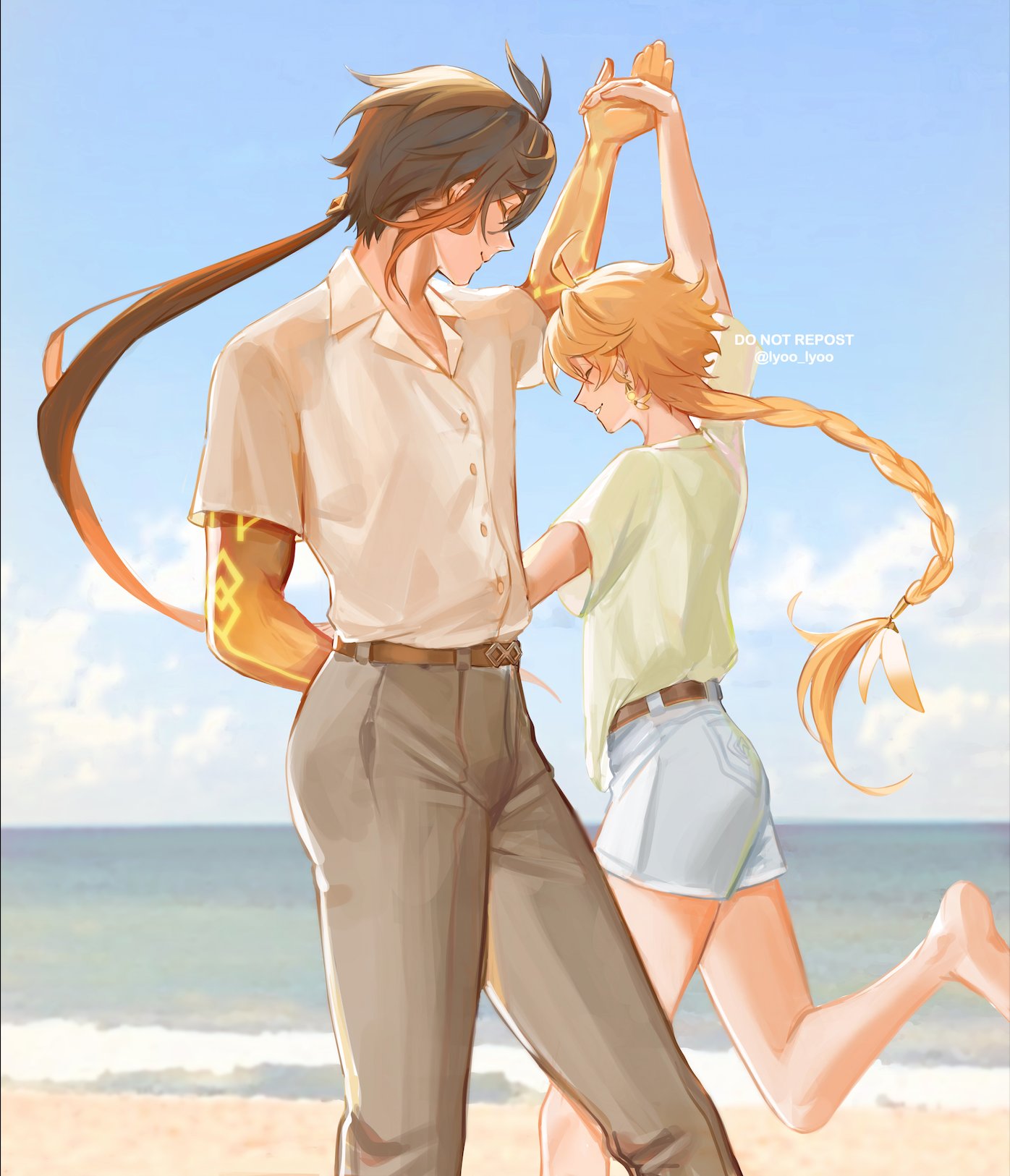 2boys aether_(genshin_impact) antenna_hair arm_up beach belt blonde_hair blue_shorts blue_sky braid braided_ponytail brown_belt brown_hair buttons closed_eyes clouds cloudy_sky commentary_request dancing feet_out_of_frame foot_out_of_frame genshin_impact green_shirt grey_pants hand_on_back highres holding_hands long_hair lyoo_(cacj5482) male_focus multiple_boys ocean pants ponytail shirt shirt_tucked_in short_sleeves shorts sidelocks sky smile waves white_shirt zhongli_(genshin_impact)